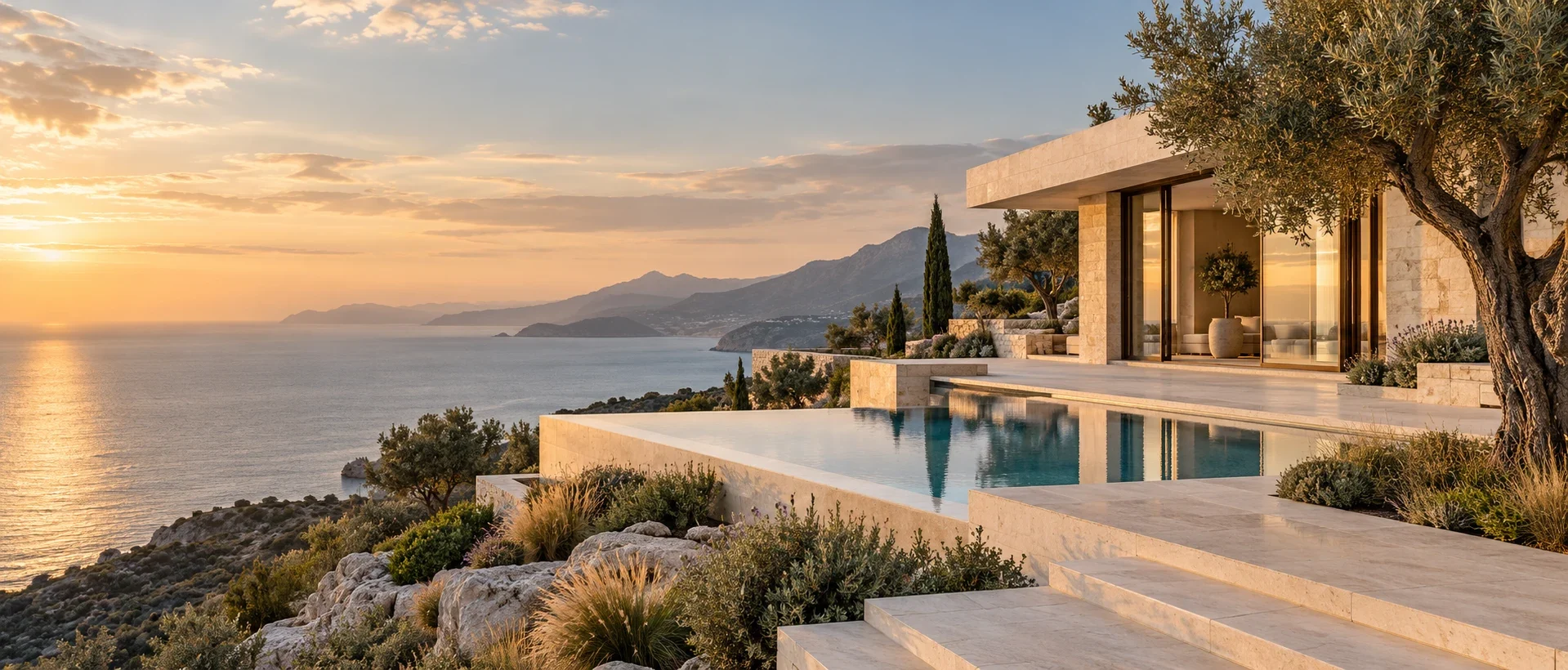 Illustrative coastal architecture with an infinity pool at sunset